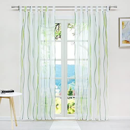 ESLIR Gardinen mit Schlaufen Vorhänge Gardinenschals Transparent Schlaufenschal Wellen Muster Voile Grün BxH 140x245cm 1 Stück
