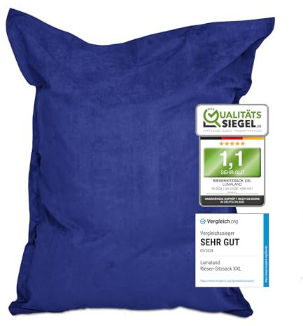 Lumaland Riesen-Sitzsack XXL 140x180cm | Indoor Bean Bag aus weichem & waschbarem Microvelours | 2-in-1- für bequemes Sitzen & Liegen | Mit über 3 Mio. anpassungsfähigen EPS-Perlen [Royalblau]