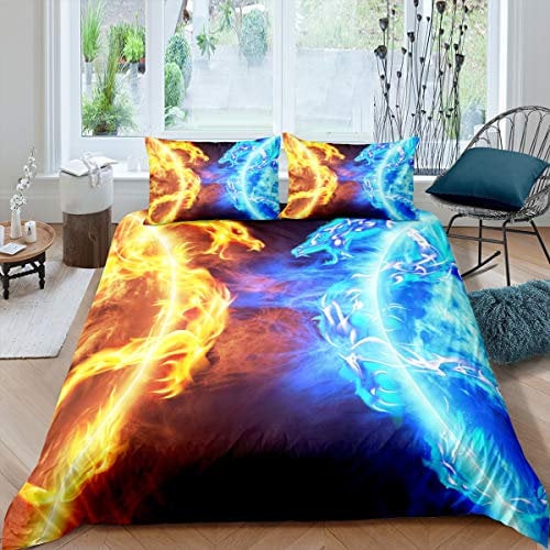 Loussiesd Eisfeuerdrache Bettbezug Set 155X220cm Für Jungen Teenager Kinder Orientalisches Biest Gedrucktes Bettwäsche Set Ostbetten Set Glückverheißende Tiere Märchen Thema Raumdekoration 2 STK