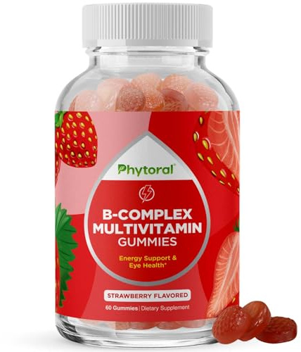 Vitamin B Complex Gummies for Adults & Kids - B Vitamins Complex with Thiamin, Riboflavin, Niacin, 6, 12 and Folate - Blend Supplement for Nervous System Support Energy & High Strength - 60 Gummies