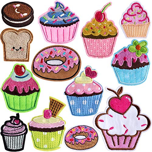 PAGOW 13 Stück bestickte Cupcake-Aufnäher, bunte Aufnäher zum Aufbügeln für Kinder, Kleidung, Jacken, Taschen, DIY, süße Stickerei, niedliche Nähen, Basteldekoration