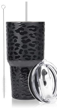 30oz Tumbler Stainless Steel Insulated Travel Mug with Straw Lid Cleaning Brush (Black Leopard)