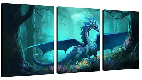 Drachen-Leinwandkunst, psychedelische Raumdekoration, Seele des Waldes, Bilder auf Leinwand, Wandkunst für Zuhause, Büro, Dekorationen, Wohnzimmer, Schlafzimmer und Küche, 3 Stück, gerahmt, 30,5 x