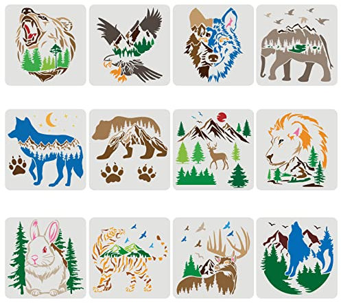 FINGERINSPIRE 12PCS / Set Pochoirs Ours Cerf Aigle Lapin Loup, 30x30cm Pochoirs Animaux Tigre Griffe d'Éléphant pour Le Dessin, Pochoirs Faune pour Peinture sur Bois Tissu Toile Murs Pochoir