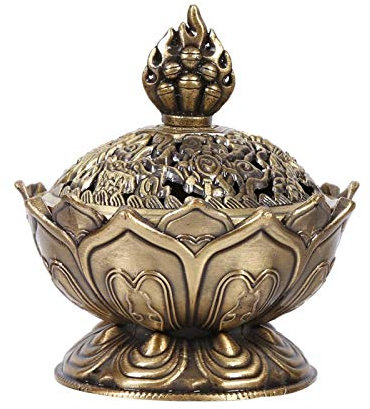 Räuchergefäß Vintage Lotus Form, Vintage Backflow Weihrauchbehälter Rückfluss Räucherschale mit Deckel für Zubehör, 6,9 x 7 cm(Bronze)