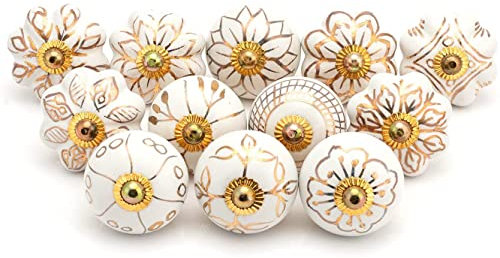 FOLK CRAFT Gold Cabinet Knobs for Dresser Drawers Indian Assorted Mix Design Door Pull Handle for Kitchen Cupboard D-1.7 x L-2.5 Inches