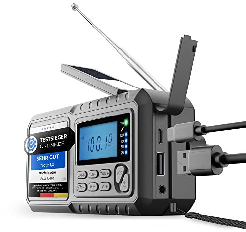 Acta Berg Kurbelradio | Notfallradio mit Kurbel & 5000 mAh Akku | Solar Radio mit Weltempfänger | Handkurbel Blackout Notfallausrüstung | Als Taschenlampe & Ladegerät, AM/FM/SW, mit USB, Grau