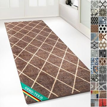 Floordirekt Teppichläufer mit Muster - maßgefertigter Feinschlingen Teppich Läufer für Küche, Flur & Wohnraum - Ornament Vintage Orient Gitter (80 x 250 cm, Cosenza Braun)