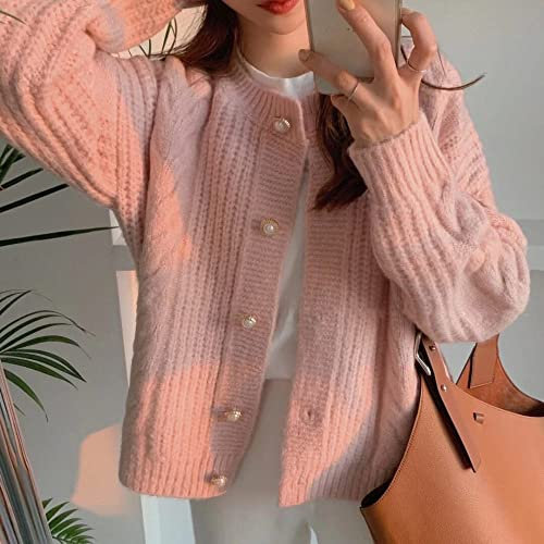 FRER Lightweight Summer Cardigan,Women'S Chunky Cardigan Sweater Vintage Pearl Button Knitted Coat Tunic Long Sleeve Jacket Elegant Open Front Cable Knit Soft Thick Pullover Autumn,Pink,One Size