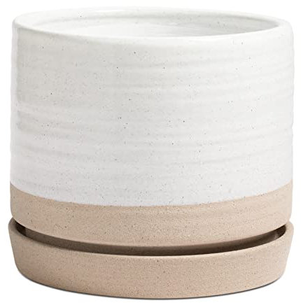 HERDUK Pot de fleurs rond en céramique avec trou de drainage et soucoupe pour intérieur ou extérieur, blanc mat et beige, 20,3 cm