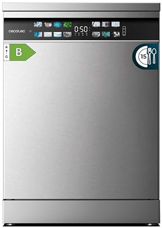 Cecotec Lavavajillas 60 cm Libre Instalación Bolero Aguazero 6700 Inox B. 15 Cubiertos, Bajo Consumo, Motor Inverter Plus, Pantalla Fullcolor XXL, Tercera Bandeja, 8 Programas, Dual Zone Wash, Inox