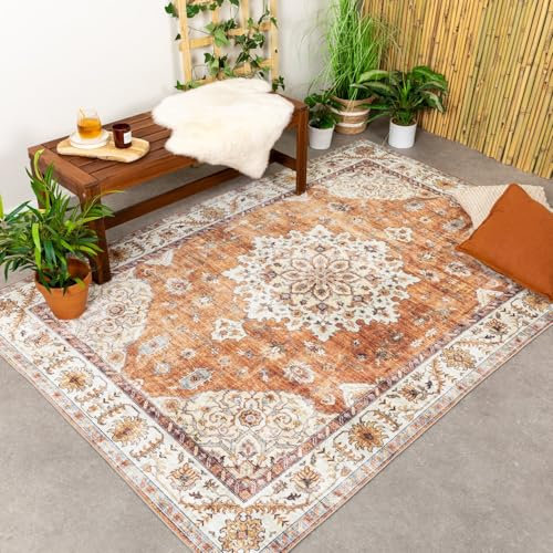 FRAAI | Home & Living Vintage Gartenteppich - Santo Medaillon Terrakotta - Wetterfest - Polyester - Flachgewebe - Balkon, Garten/Terrasse - Terrasse - Rug