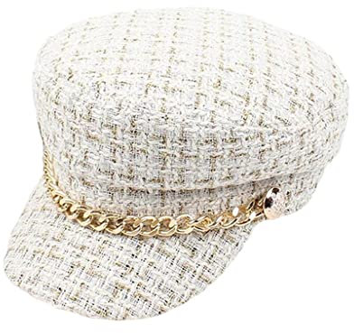 harayaa Ballonmütze Aus Kariertem Tweed für Damen – Sailor Fisherman Hat Schirmmütze mit Kette, Weiß