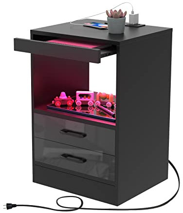 CTXGSOQ Comodino Con Stazione di Ricarica, Comodino 16 Colori LED Regolabile, Comodino con Presa e Porta USB, Comodini Camera da Letto Moderni con 3 Cassetti Noir, Cassettiera per Casa, Comodino LED