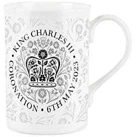Purely Home Mug King Charles III Coronation 2023 – Tasse en porcelaine fine noire et blanche avec emblème commémoratif officiel