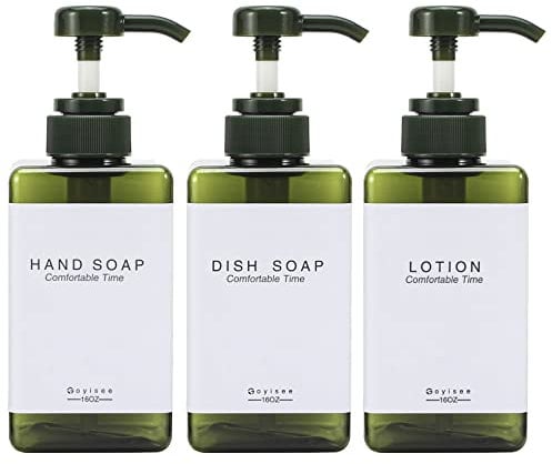 GOYISEE Plastic Refillable Hand Soap Dispenser Modern Square Pump Bottle for Bathroom Vanities or Kitchen Sink, Countertops - 3 Packs with Waterproof Label (3B-Green)