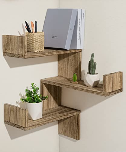 SUMGAR 𝐖𝐚𝐧𝐝𝐫𝐞𝐠𝐚𝐥 𝐇𝐨𝐥𝐳 𝐄𝐜𝐤𝐫𝐞𝐠𝐚𝐥 Wand Hängend Schweberegal Hängeregal Bücherregal Duschablage Eckregal für Küche Badezimmer Wanddekoration Regale, 3er Set
