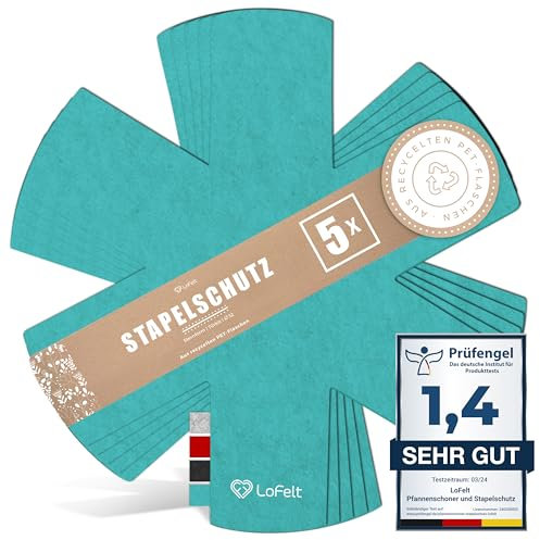 LoFelt® Pfannenschoner & Stapelschutz für Pfannen, Töpfe, Schüsseln und noch mehr Küchenutensilien - 5 Stück in L Ø 32cm - Pfannenschutz Topfschutz aus Filz in Türkis - Sternform