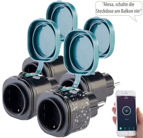 Luminea Home Control Zeitschaltuhr WLAN außen: 4er-Set Outdoor-WLAN-Steckdosen mit Energiekostenmesser, App (WLAN Steckdosen mit Fernbedienung, Steckdosen mit WLAN-Steuerung, Weihnachtsbeleuchtung)