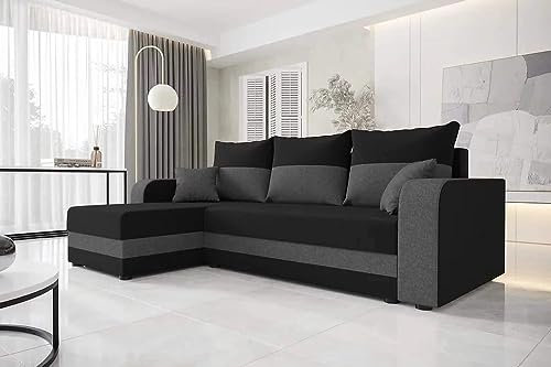 New Corner Sofa Bed With Storage - 'Welta' - Sleeper Sofa With Free Assembly & Delivery. Universal Left & Right Side (Black & Grey) Free Assembly Included