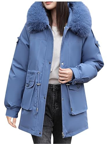 Azruma Arbeitsjacke Steppmantel Damen Schwarz Parka Damen Wasserdicht Winter Frauen Warm Einfarbig Zipper Fleece Gefütterter Mittellang Parka Mit Fellkapuze Mädchen Funktionsjacke (Blau, L)