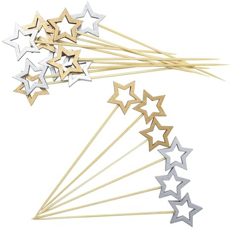 AWCIGG® 100 Stück Stern Cocktailspieße, Gold & Silber Star Hölzerne Cocktail Zahnstocher, Partyspieße Sticks für Hochzeit Geburtstag Weihnachten Ramadan Mubarak Eid Al Fitr Party Dekoration