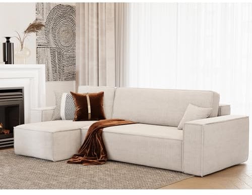 lestockdesign Canapé d'angle Lisa Convertible réversible Coffre Velours côtelé Beige