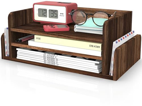 HZE Schreibtisch Organizer Holz 5 Tabletts, Rustic 3-Tier Briefablage Holz mit 2 Seite Mail Sorting Slots, Büro Ablage für Ordner, Mail, Schreibwaren (Dunkelbraun)