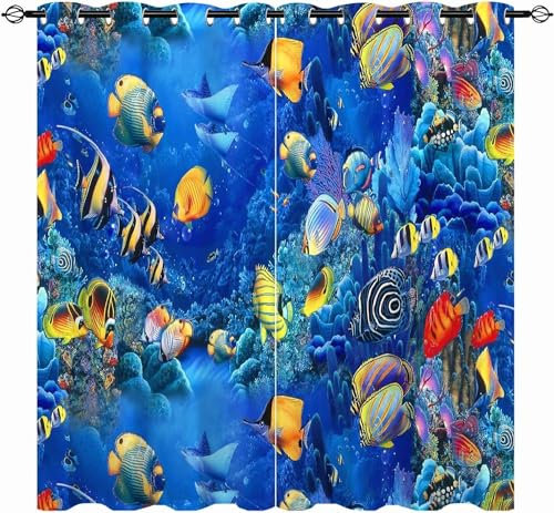 YUANZU Ozean-Vorhänge, 107 x 160 cm (B x L), mit Ösen, tropische Fische, Koralle, Tiere, Unterwasser, Meereswelt, Kunstdruck, Muster, wasserdichter Stoff, Fenstervorhänge für Schlafzimmer, Wohnzimmer,