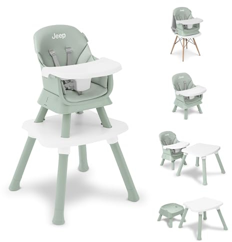 Jeep Milestone 6-in-1 High Chair by Delta Children - High Chair Converts to Stool, Booster Seat, Toddler Chair, Activity Table and Desk and Chair, Sage Green
