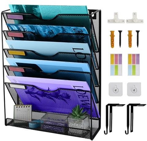 IHOBDAY Zeitschriftensammler mit 6 Ebenen, Wandmontage, Zeitschriftenhalter, Mental Mesh Zeitschriftenständer zum Aufhängen, A4 Bürowand-Organizer, Wand-Ordner, Schreibwaren-Organizer für Büro