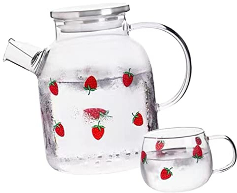 Garneck Erdbeerwasserkrug aus Glas mit Großer Kapazität Wasserbehälter für Zuhause Inklusive Tasse Geeignet als Teekanne oder Milchkaraffe Transparentes Design zum Sichtbar-machen Des