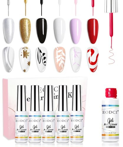 EODCI 6 Farben Nail Art Liner Gel Polish Set Schwarz Weiß Rot Gold Silber Französisch UV Nagellack Set für French Nails Drawing Lines, 10ml Gel für Nägel