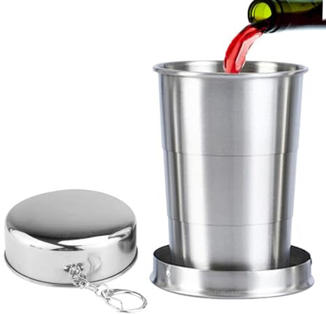 Whnbuij Tasse pliable en métal – Tasse pliable en métal avec couvercle, gobelet pliable en acier inoxydable pour voyage, randonnée, camping