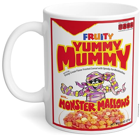 Switzer Kreations Yummy-Mummy Coffee Mug – Retro Cereal Monster Design, Ceramic, Microwave Dishwasher Safe, Perfect for Collectors Breakfast Lovers – Vintage Halloween Novelty 11 Oz White