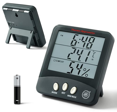 HGL-100 Thermometer & Hygrometer mit großer LCD Anzeige, Luftfeuchtigkeit Messgerät und Temperatur Messgerät für Raumklima mit Uhrzeit, Wecker und Datum