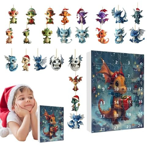 Drachen-Adventskalender, 2024–24 Tage, Weihnachts-Countdown-Kalender, 2D-Acryl-Drachen-Ornamente – Weihnachtsbaum, kreativer Anhänger, Feiertagsdekorationen für Kinder und Jugendliche