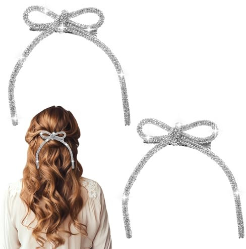 Wanmu 2 pinzas para el pelo con lazo de cristal de diamantes de imitación para mujeres y niñas, lazos plateados para mujer, decoración de pelo de graduación de cristal, pasadores de pelo de pico de