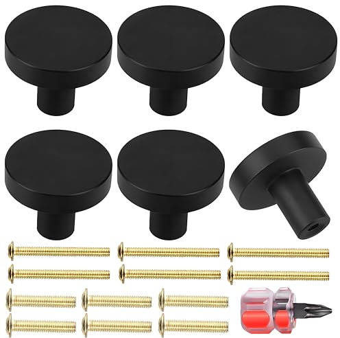 6 Pièces Boutons de Porte, Bouton de Meuble en Noir, Poignée Meuble Ronds, Bouton de Tiroir Alliage d'aluminium, Poignee de Porte de Cuisine pour Commode, Meuble, Armoire, Placard, avec Tournevis