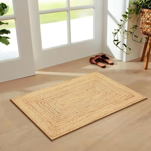 Craft Trade Handgewebt Natur Boho Jute Teppich Reversibel Geflochten Waschbarer Rechteckig Juteteppich für Küche Wohnzimmer und Schlafzimmer- 60x90 cm