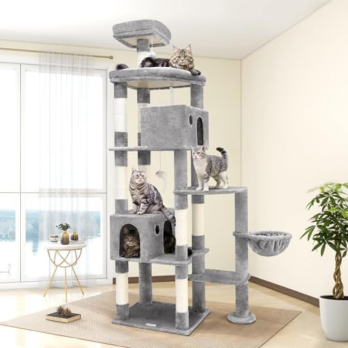 Globlazer Arbre a Chat Grandes XXL, Arbres à Chats Géant Hauteur 213 cm avec 2 Niches, Plateformes, Perchoirs, Panier, Griffoirs en Sisal, Tour à Chat pour Gros Maine Coon Ragdoll (F83, Gris Clair)