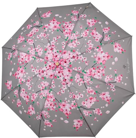 PERLETTI Green Damen Taschenschirm Ökologisch Automatik - Kompakt Klein Schirm Natürlich Öko Eco Friendly - Umwelfreundlicher Regenschirm Sturmfest Mini aus Holz - Durchm 96 cm (Kirschblüten)
