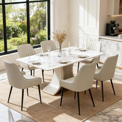 BonVache Dining Chairs Set of 6, Beige Kitchen Chair with Metal Legs | Vertical stitched high back, soft sponge, metal legs, dining room living room bedroom kitchen, office study cafe, home use