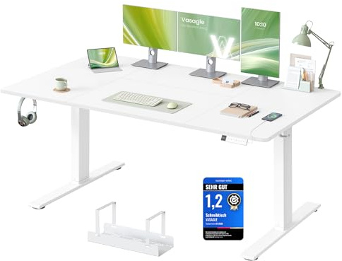 VASAGLE Höhenverstellbarer Schreibtisch, 160 x 80 cm, USB-C-Anschluss | Schreibtisch, Ablage für Steckdosenleiste, 3 Speichertasten, Erinnerung bei langem Sitzen, wolkenweiß LSD146WZ02