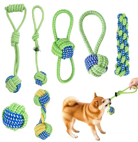 CVASNF Hundespielzeug Seil, 7 Stück Baumwolle Hundespielzeug Set Geflochtene Welpen Spielzeug Interaktives Kauspielzeug für Hunde Hundespiel und Training (Grün)