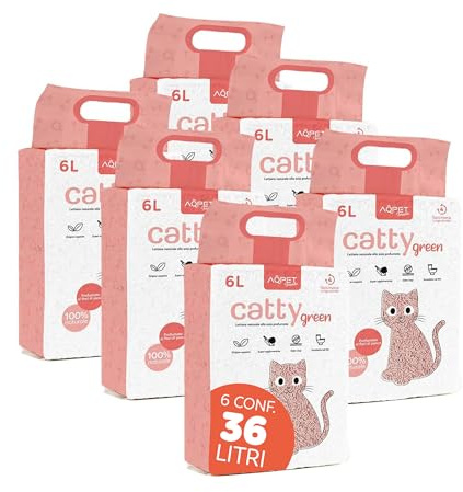 AQPET Friends CattyGreen natürliches Soja für Katzen, pflanzliches Bindemittel, biologisch abbaubar mit Pfirsich, geruchshemmend, in der Toilette entsorgbar, 100% umweltfreundlich, 36 Liter