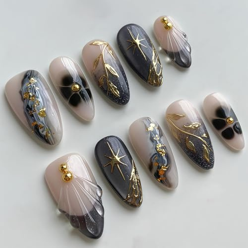 Auroriel 30 Stück Mandel Stylingnägel Set mittellang 3D Marmor Gold Blatt French Spitze zum Kleben elegante Damenmaniküre wiederverwendbare Ganzfläche Fake Nägel