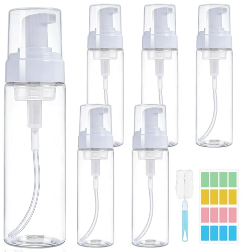Maxumille 6 Pack Foaming Soap Dispenser 200ml, Foam Pump Bottle Travel 7oz | Mousse Foam Soap Dispenser with Sitcker, Brush, Clear Plastic Refillable Travel Bottles for Toiletries for Face Wash Mackup