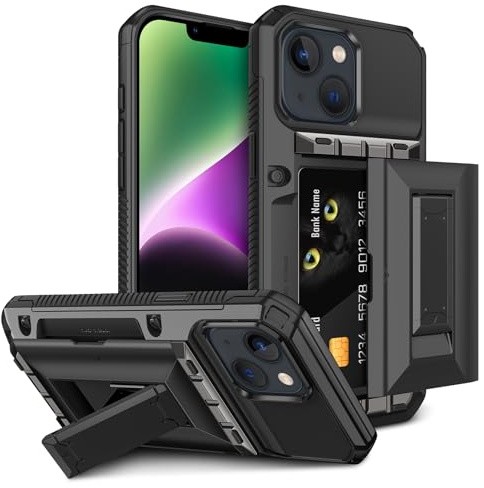 Vunake for iPhone 14 Case with Card Holder (Max 4 Cards) with Kickstand Heavy Duty Shockproof Military Grade Drop Protection Wallet Phone Case Armor Rubber Bumper Shell 6.1 inch for Men Women-Gun
