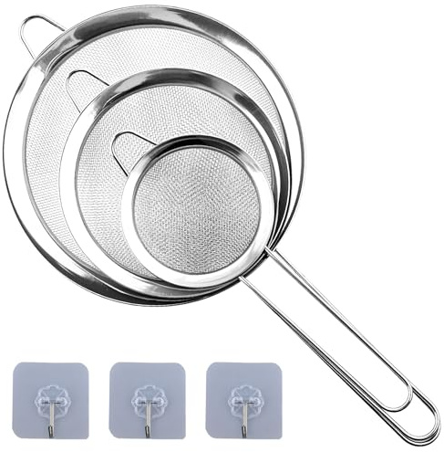 3 Pack Stainless Steel Fine Mesh Strainers with Hanging Hooks, Fine Mesh Sieve Tea Strainers Kitchen Colander Sieve Sifters with Handle, Ideal for Juice Flour Pastas Rice Tea Filter (8cm, 12cm, 16cm)